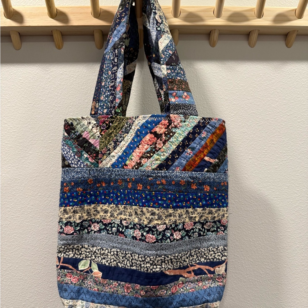 Vintage Handmade Quilted Patchwork Floral Tote Bag - Blue Multi
